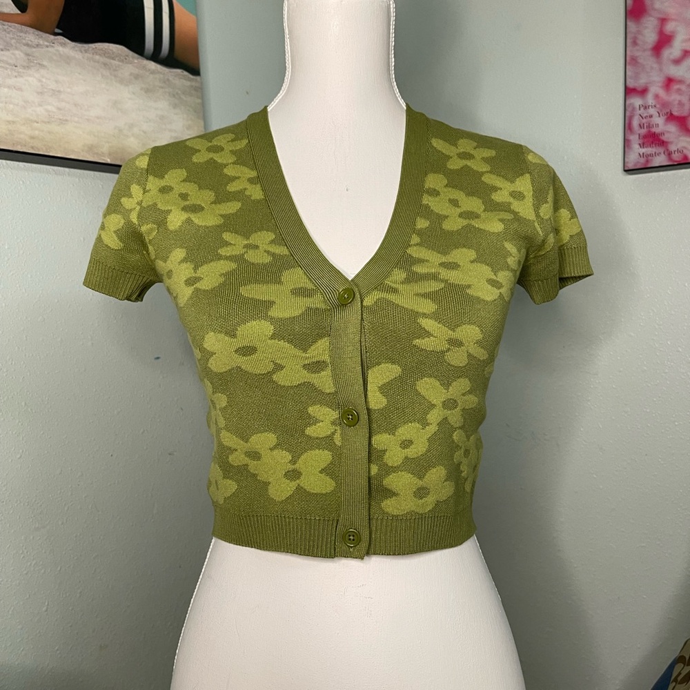 Green Floral Button-Up Cardigan